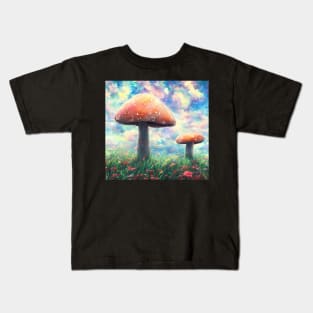 Giant fantasy mushrooms under a cotton candy sky Kids T-Shirt